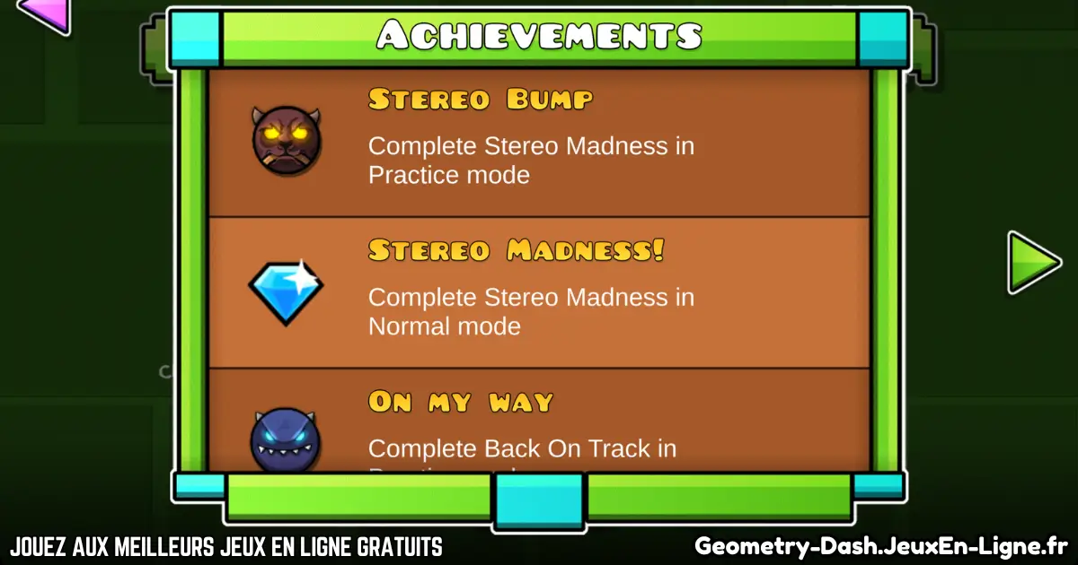 Menu des succès de Geometry Dash affichant les objectifs débloqués