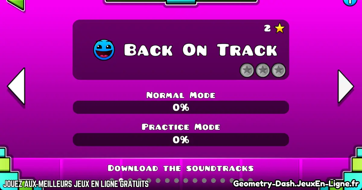 Niveau Back On Track dans Geometry Dash avec mode normal et pratique