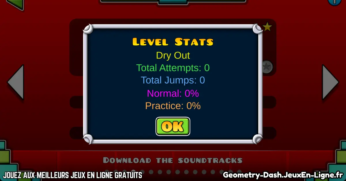 Statistiques de niveau dans Geometry Dash montrant tentatives et progression