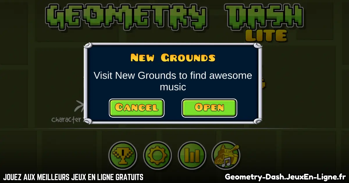 Message Newgrounds dans Geometry Dash Lite pour la musique du jeu