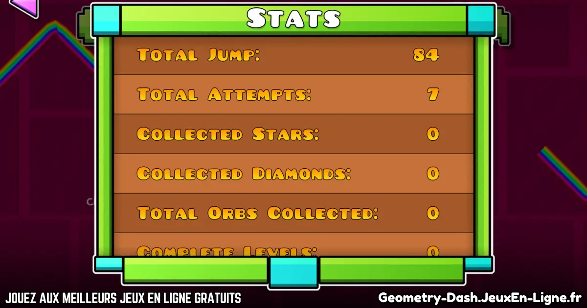 Statistiques du joueur dans Geometry Dash avec sauts et tentatives