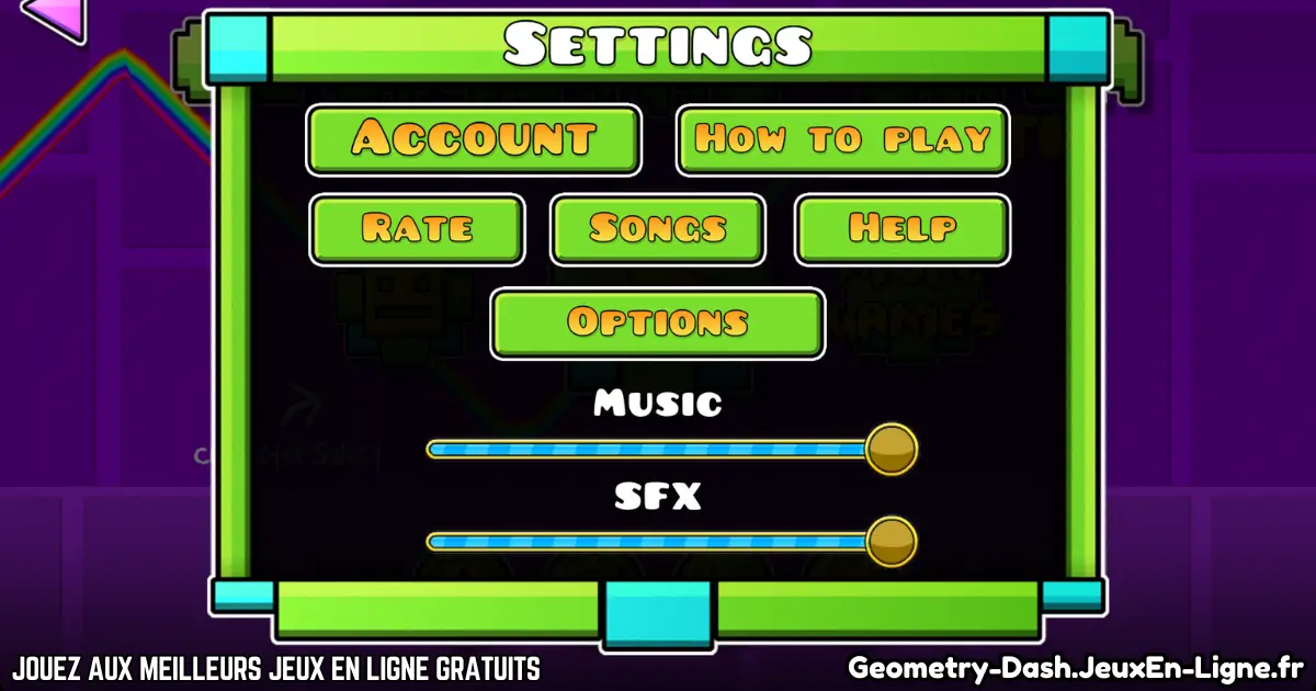 Menu des paramètres de Geometry Dash avec options audio et compte
